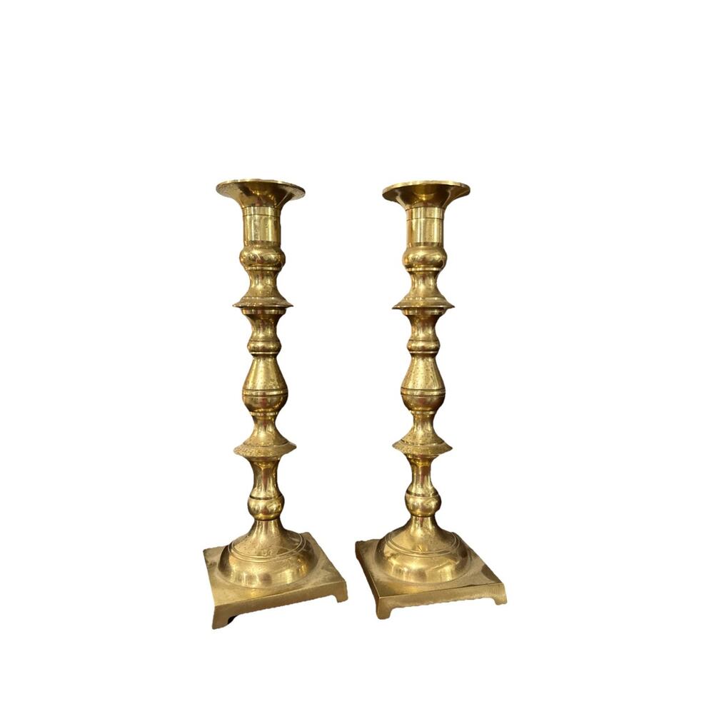 Vtg Japan Heavy Column Pedestal Base 2 Solid Brass Taper Candlestick Holders